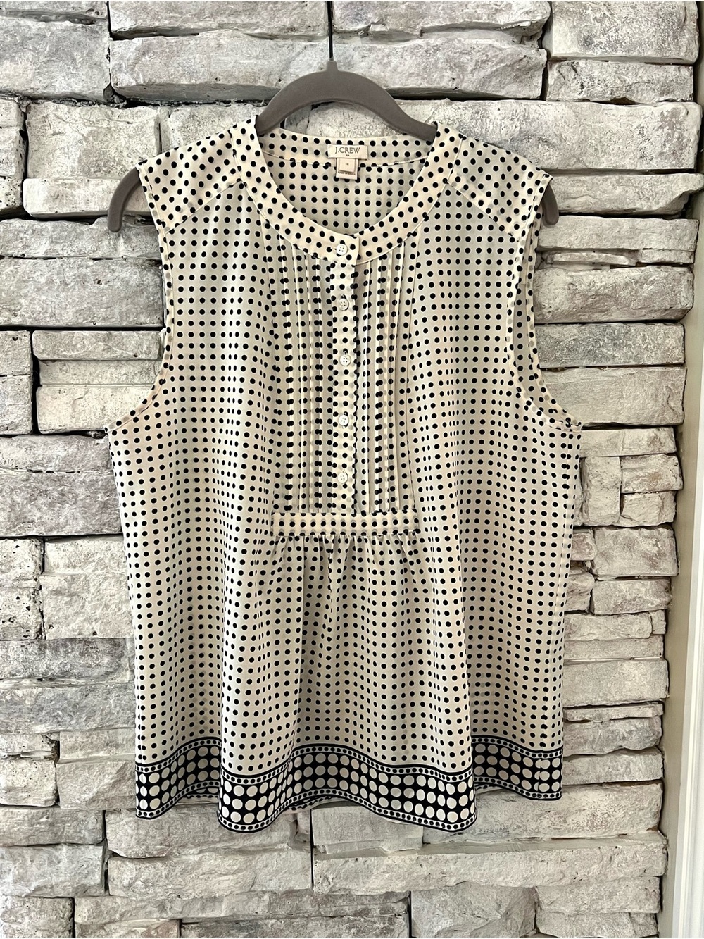 J. Crew Cream Sleeveless Polka Dot Blouse with Hem Border